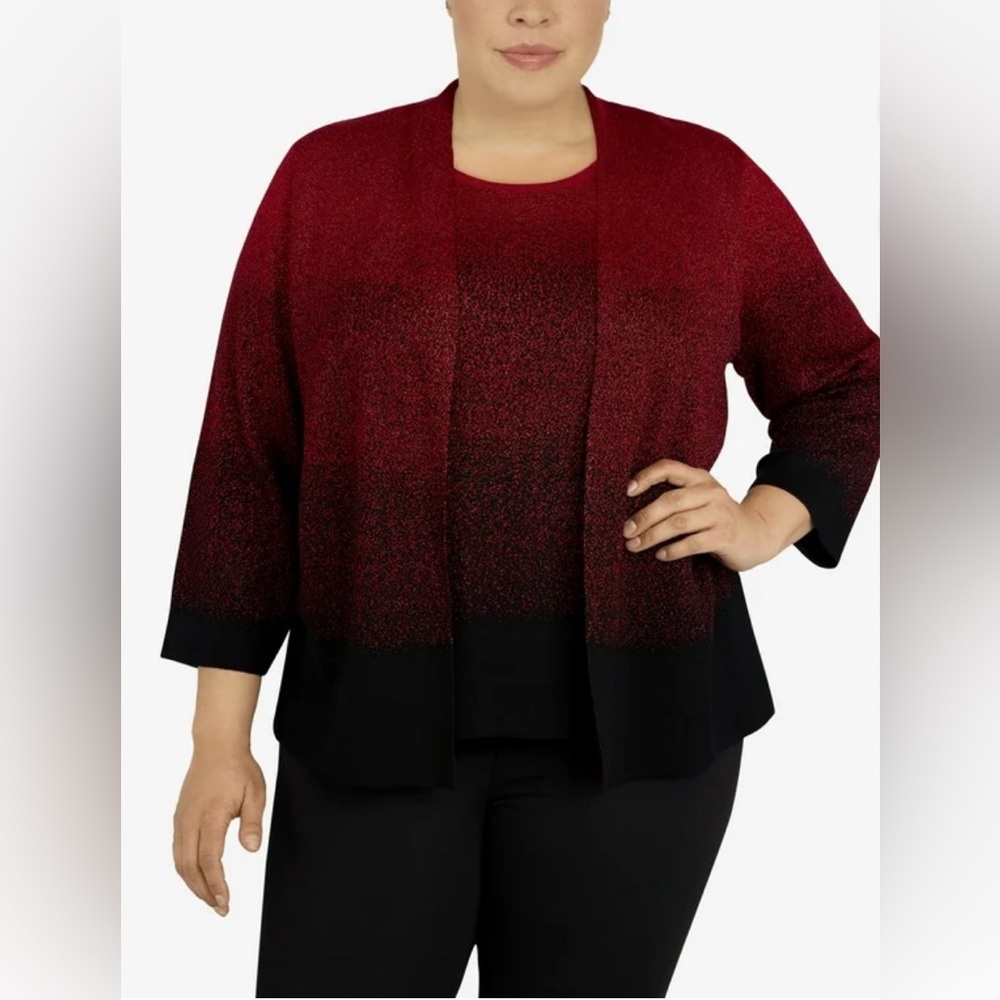 Alfred Dunner Plus Size Classics Ombre Shimmer 2 In 1 Sweater Red 3X